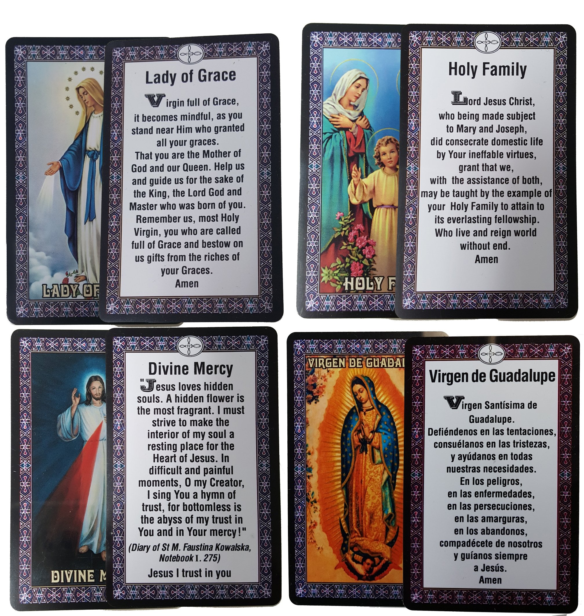 Catholic SET of 10 Holy Prayer Cards - New Plastic material! St Benedict St Jude St Michael St Christopher Holy Family L of Guadalupe L of Miraculous L of Grace L undoer of Knots Divine Mercy