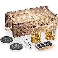 Whiskey Stones Gift Set for Men | Whiskey Glass and Stones Set with Wooden Army Crate, 8 Granite Whiskey Rocks Chilling Stones and 10oz Whiskey Glasses | Whiskey Gift for Men, Dad, Husband, Boyfriend