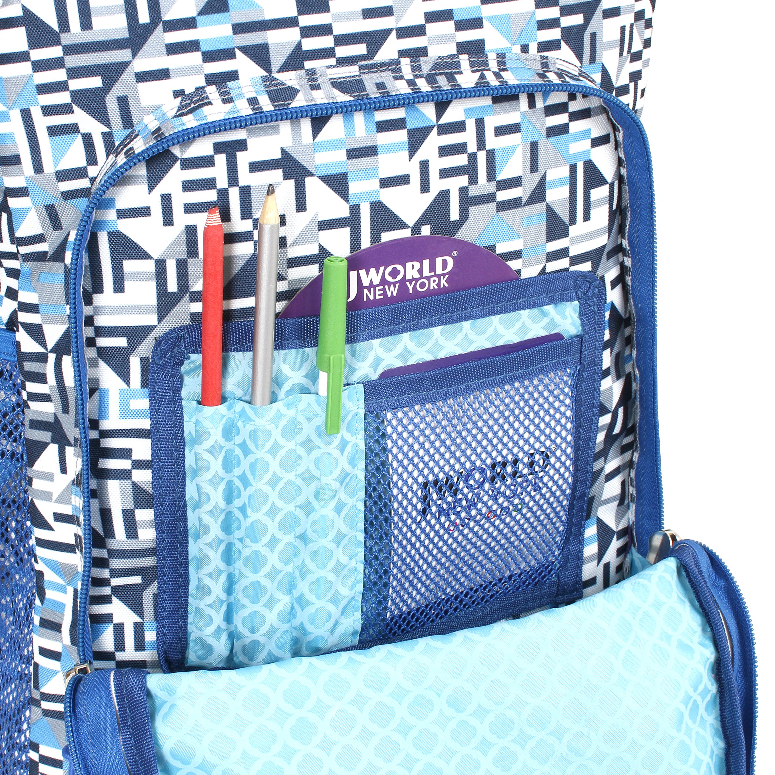 J World New York Sunny Rolling Backpack for Kids and Adults, Geo Blue, 17 X 11.5X 5.5 (H X W X D)