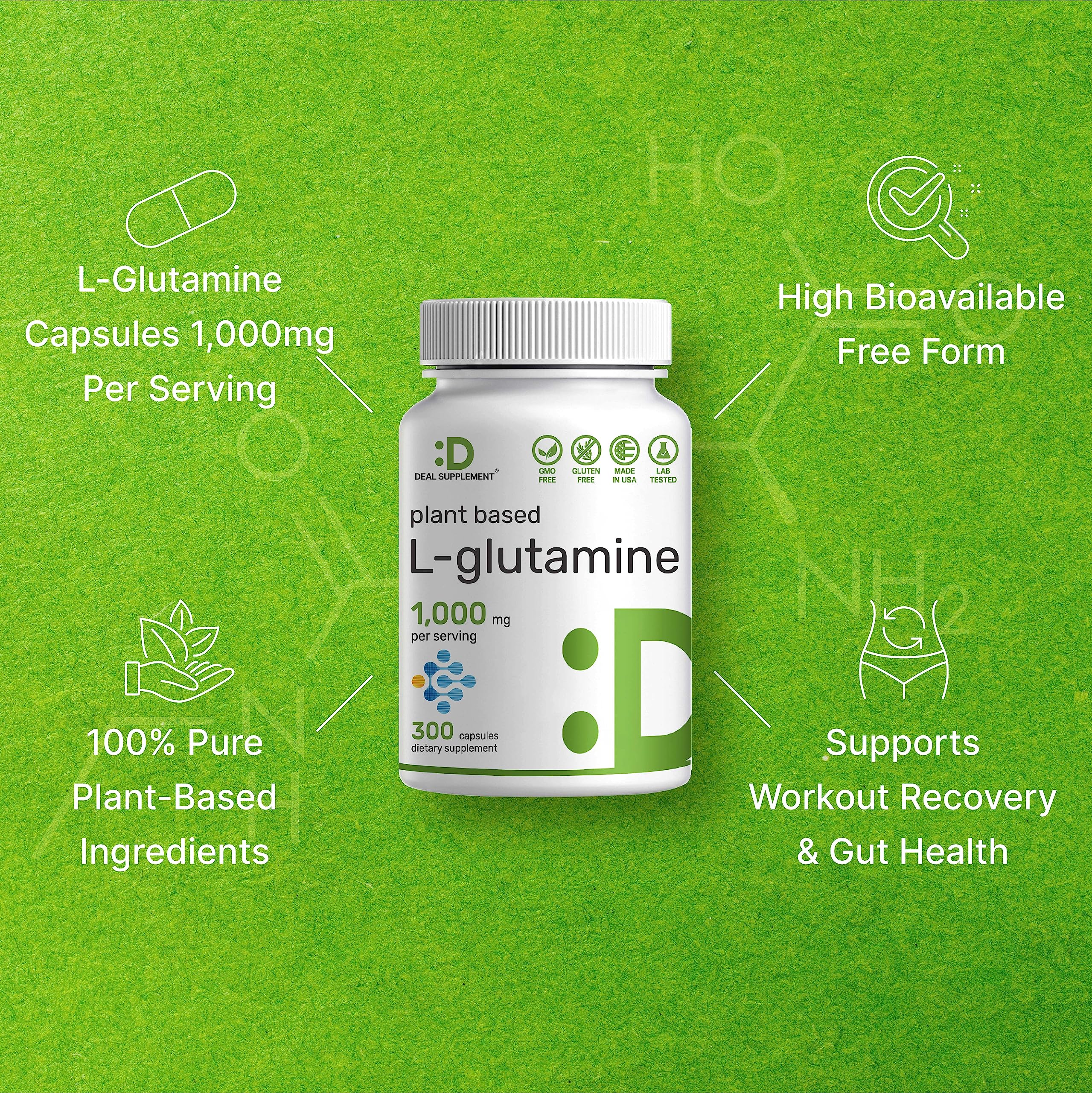 DEAL SUPPLEMENT L-Glutamine 1,000mg, 300 Capsules – Easily Absorbed Free Form, Plant Based Source, Key Amino Acid – Supports Gut Health & Muscle Recovery – Unflavored Pills, Non-GMO