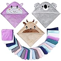 3 Pack Baby Hooded Bath Towel with 24 Count Washcloth Sets for Newborns Infants & Toddlers, Boys & Girls - Baby Registry Search Essentials Item - Cattle, Koala, Hippo