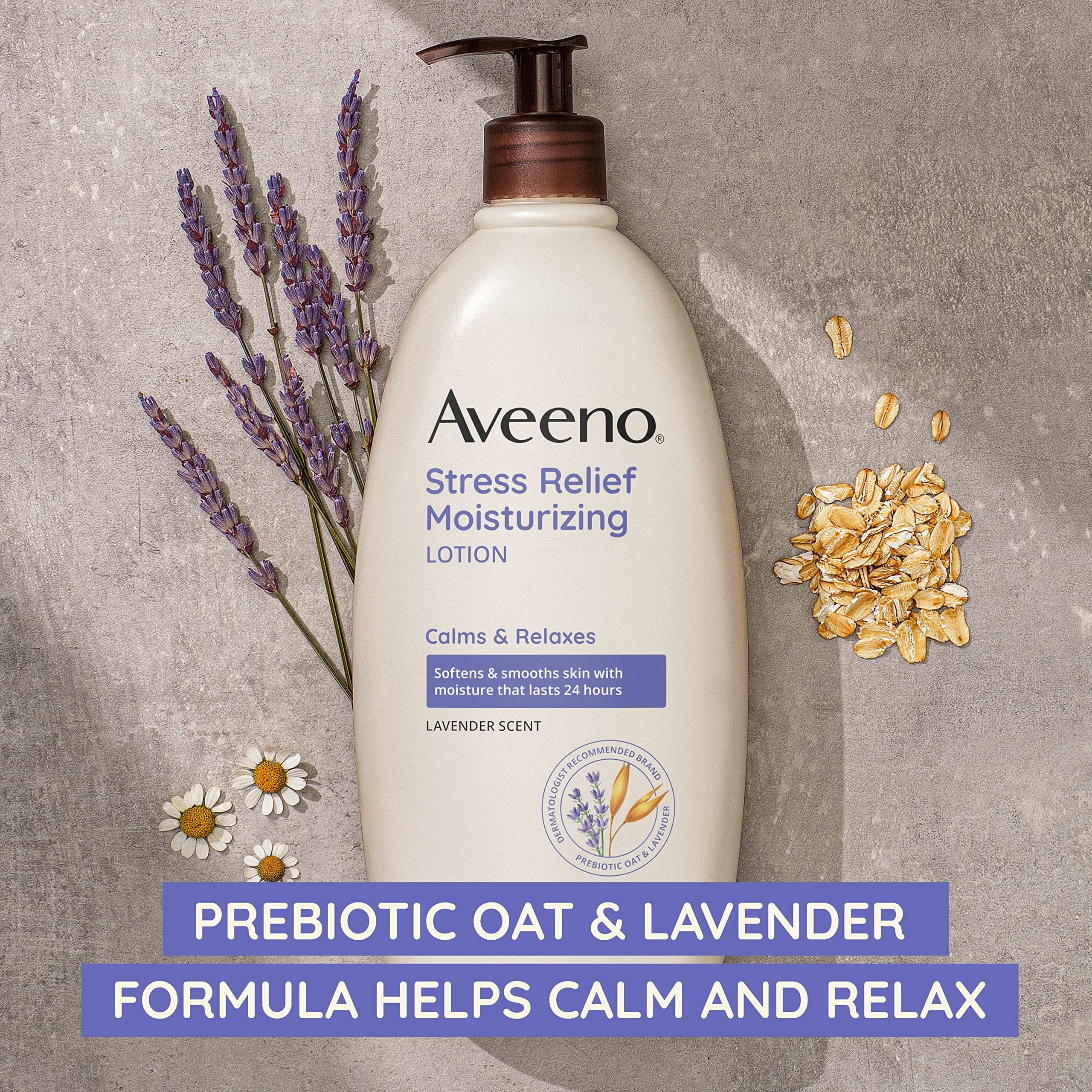 Aveeno Stress Relief Moisturizing Body Lotion with Lavender Scent, Natural Oatmeal to Calm & Relax, Non-Greasy Daily Stress Relief Lotion, 18 fl. oz