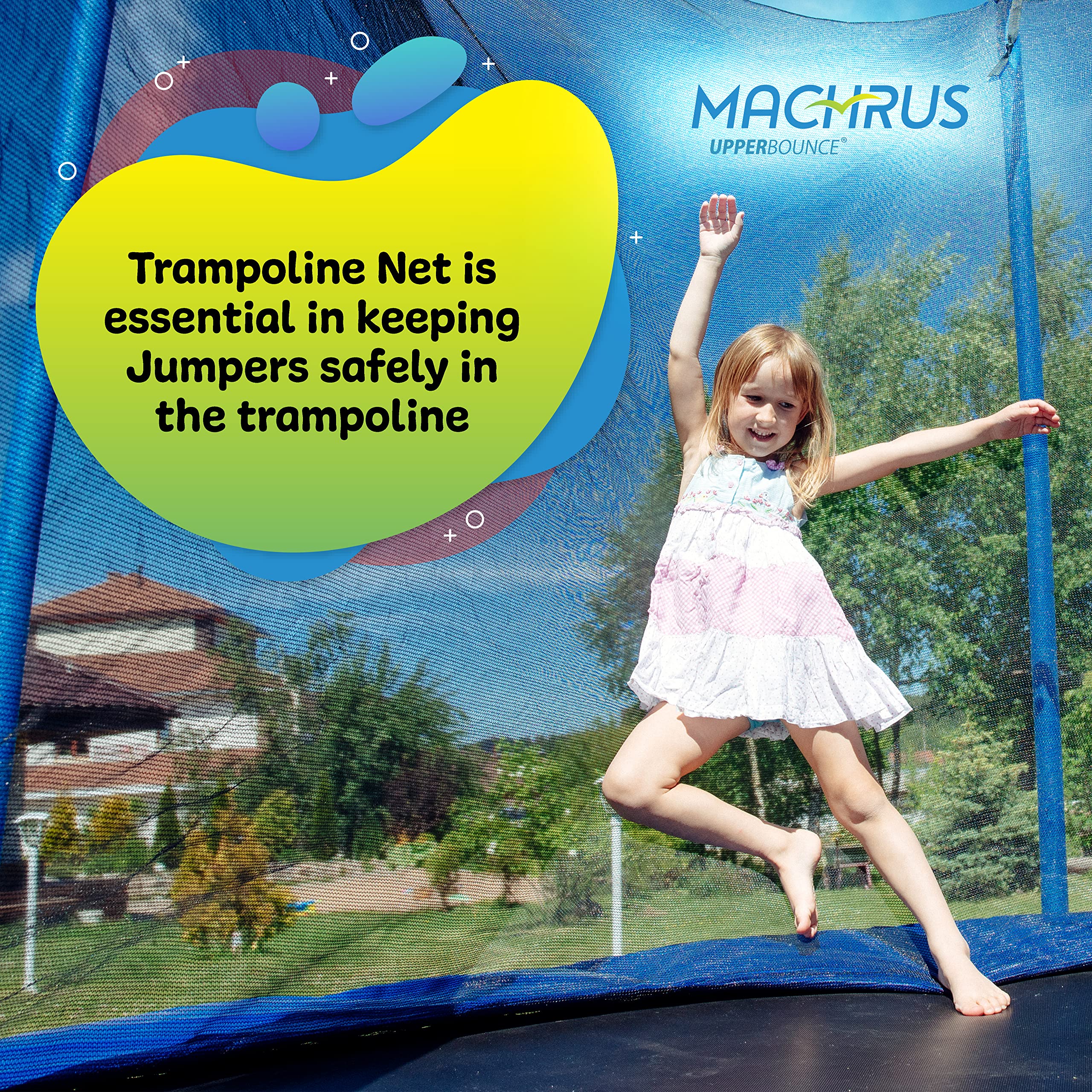 Machrus Upper Bounce Trampoline Net Replacement 7.5FT 8FT 9FT 10FT 12FT 13FT 14FT 15FT 16FT- Safety Net for Straight Poles/Arches Round Trampoline- Inside Enclosure with Straps- UV & Tear-Resistant