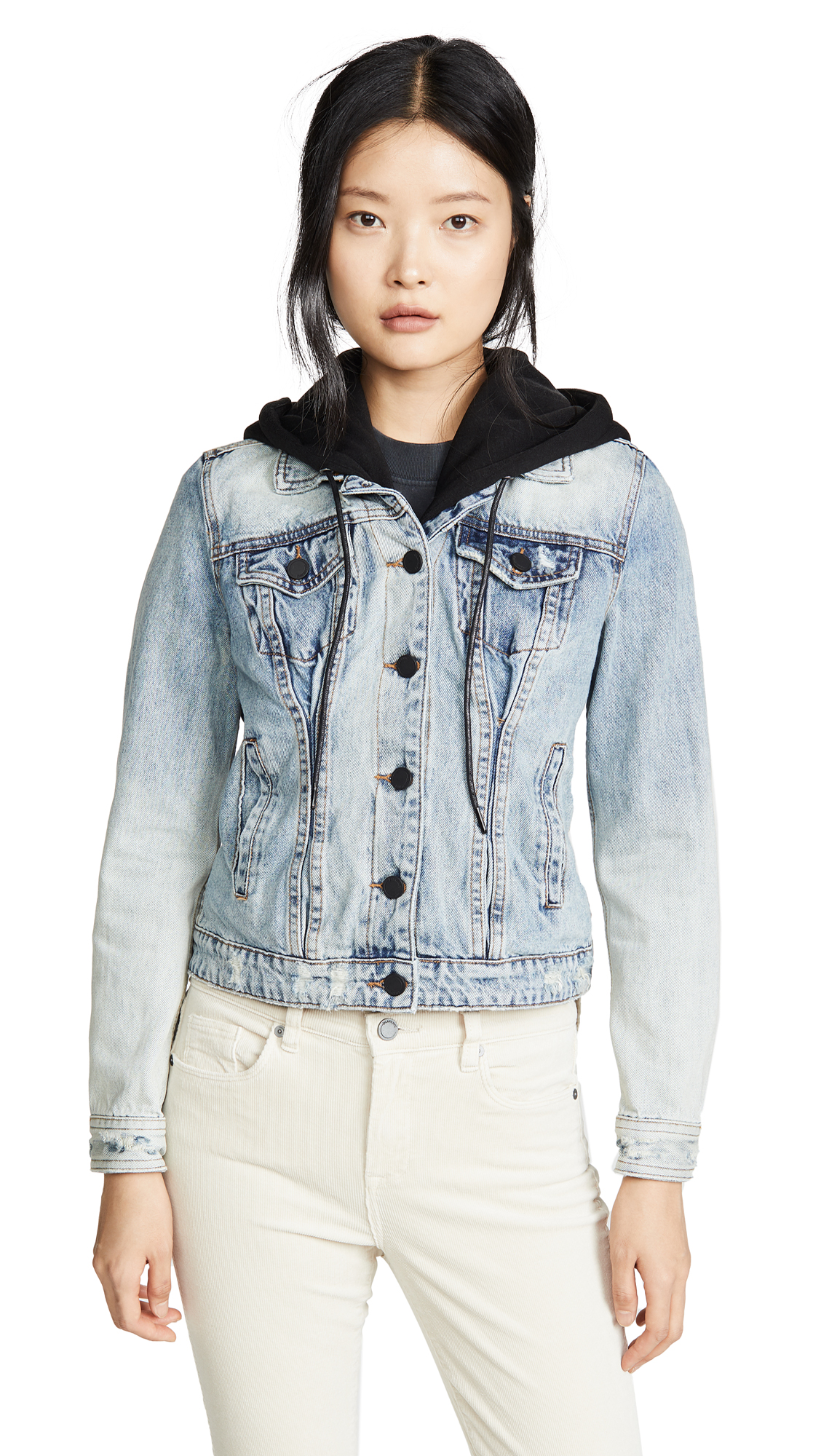 [BLANKNYC] womens Luxury Clothing Denim Trucker Jacket With Removable Hood