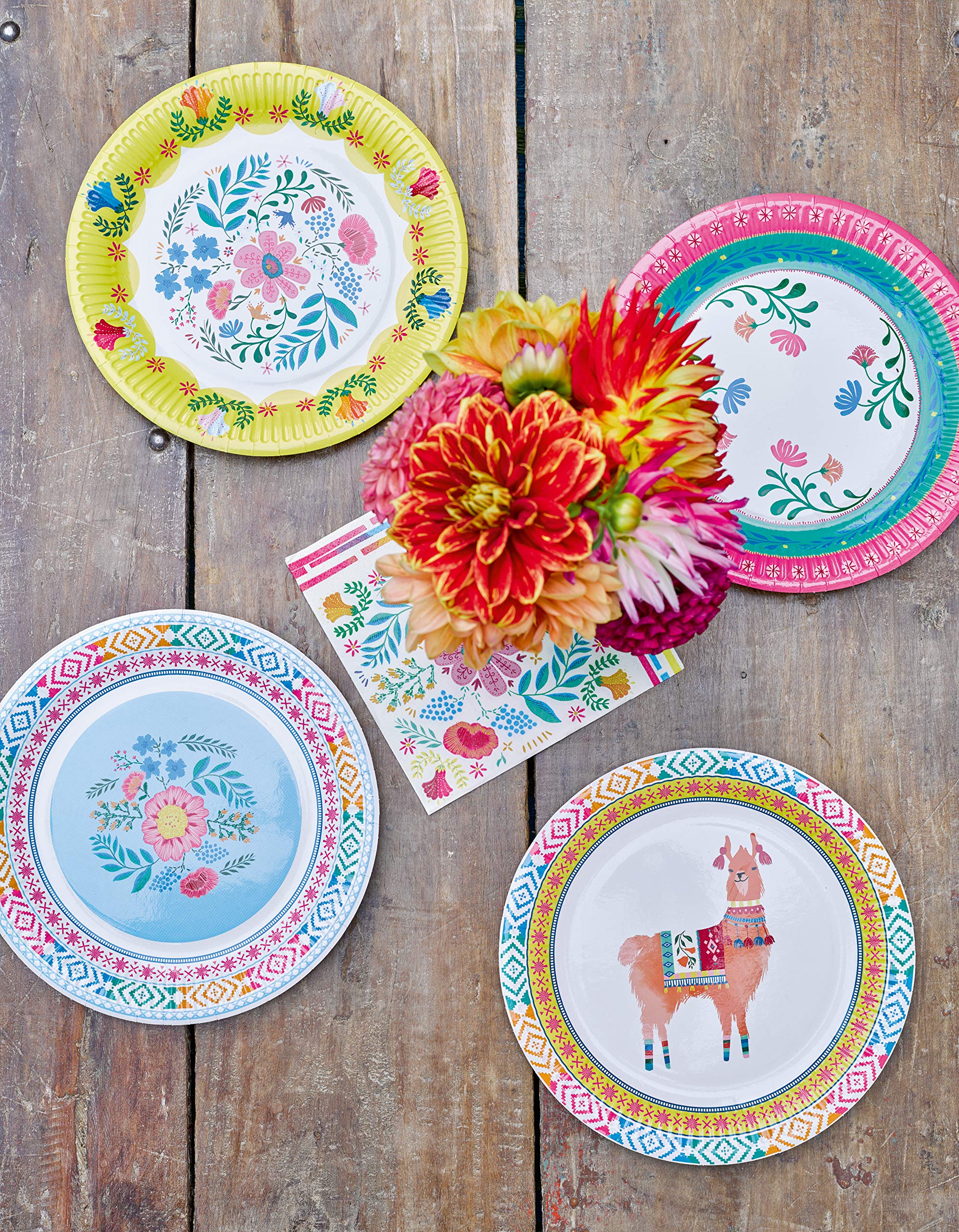 Talking Tables 12 Pack 9” Boho Colorful Floral Paper Plates Disposable Tableware | Festival themed Bohemian décor Partyware, Summer Picnic, Kids Birthday Encanto Party, Pink Blue Yellow