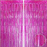 Hot Pink Metallic Foil Fringe Curtains - Bachelorette Wedding Anniversary Bridal Shower Girls Birthday Valentines Mothers Day Graduation Party Photo Booth Backdrop Decoration, 3.2 ft x 9.8 ft, 2pc