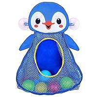 Bath Toy Organizer Penguin | Four Suction Cups for Hanging | Bathtub Toys Holder | Bathroom Baby Toy Storage Quick Dry Bathtub Mesh Net | 2 in 1| 10 Pieces Colorful Soft Balls, 18703