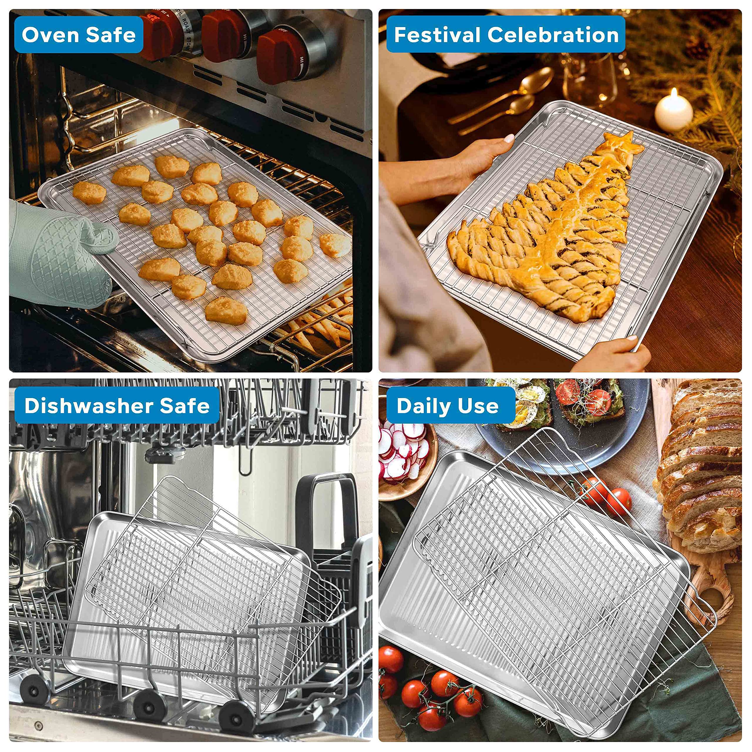 Herogo Baking Pan Sheet with Cooling Rack Set for Oven, 18 x 13 x 1 Inch, Stainless Steel Fluted Bakeware Cookie Sheet Tray Non-stick, Dishwasher Safe