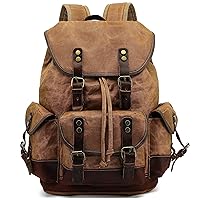 HuaChen Vintage Wax-Coated Canvas & Leather Backpack: Spacious Durable Rucksack for Men & Women, Perfect for Travel, Hiking, and College Life (M86_Khaki with Dark Brown)