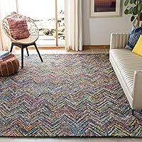 SAFAVIEH Nantucket Collection Area Rug - 8' x 10', Blue & Multi, Handmade Modern Abstract Chevron Cotton, Ideal for High Traffic Areas in Living Room, Bedroom (NAN141C)