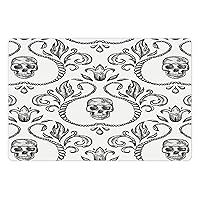 Lunarable Gothic Pet Mat for Food and Water, Ornament Skull Goth Skeleton Floral Motifs in Baroque Style Illustration, Non-Slip Rubber Mat for Dogs and Cats, 18