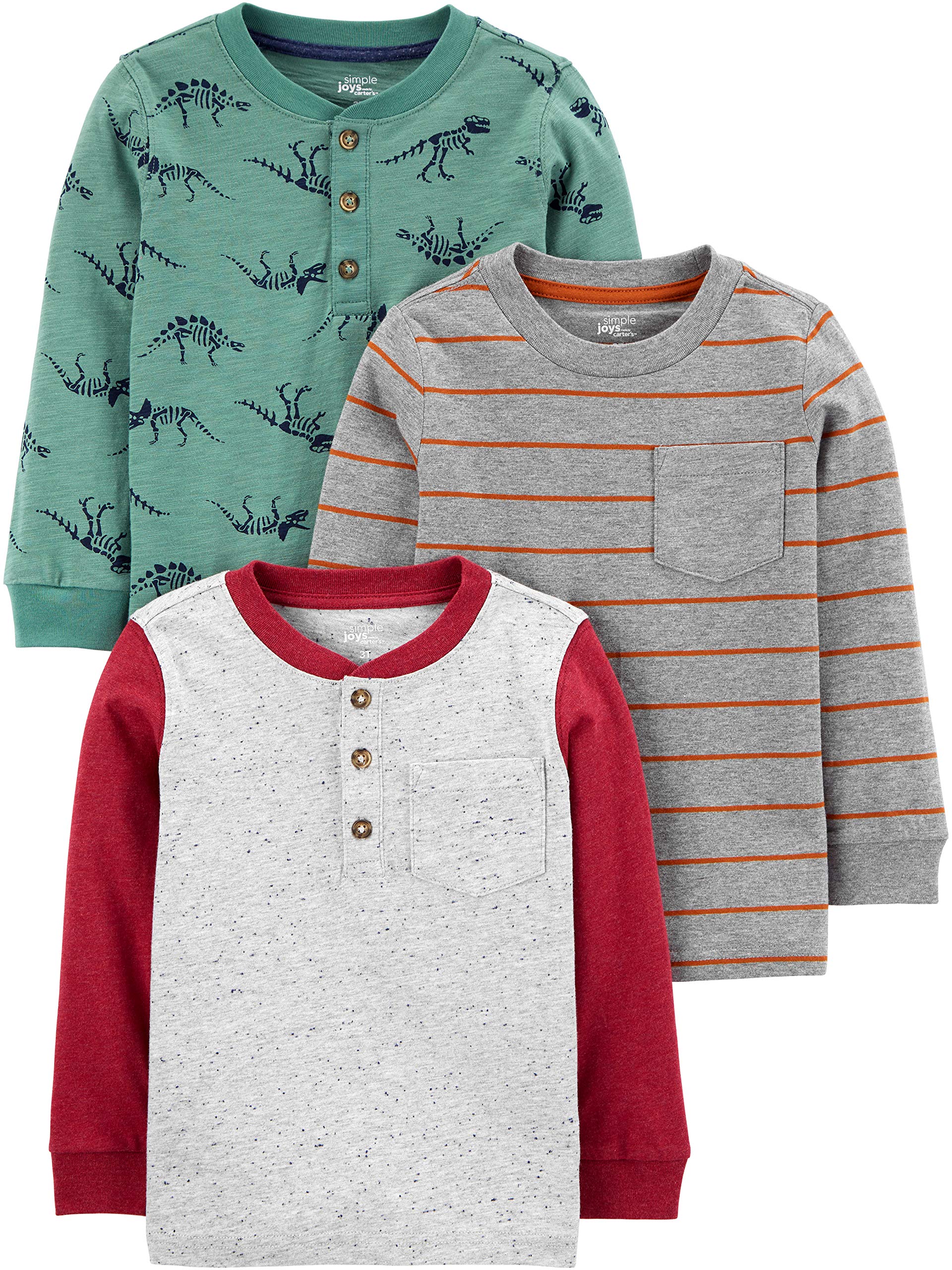 Simple Joys by Carter's Toddler Boys' Long-Sleeve Shirts, Pack of 3, Dinosaur/Stripe, 2T