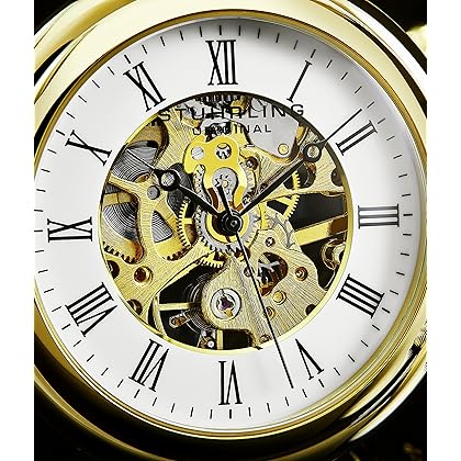 Stuhrling Original Men's Pocket Watch Stainless Steel Analog Skeleton Watch Hand Wind Mechanical Movement Stainless Steel Chain