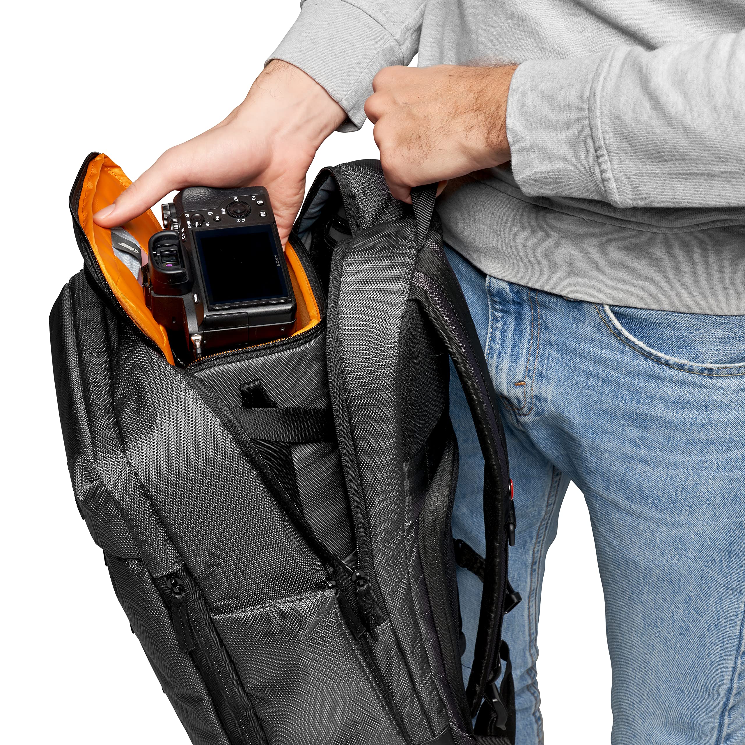 Lowepro GearUp Creator Box Medium II, Mirrorless and DSLR Camera Bag, Camera Case with QuickDoor Access, Made with Recycled Fabric, Orange Padded Interior Dividers, Grey