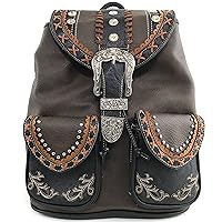Justin West Trendy Western Rhinestone Leather Conceal Carry Top Handle Backpack Purse (Western Brown)