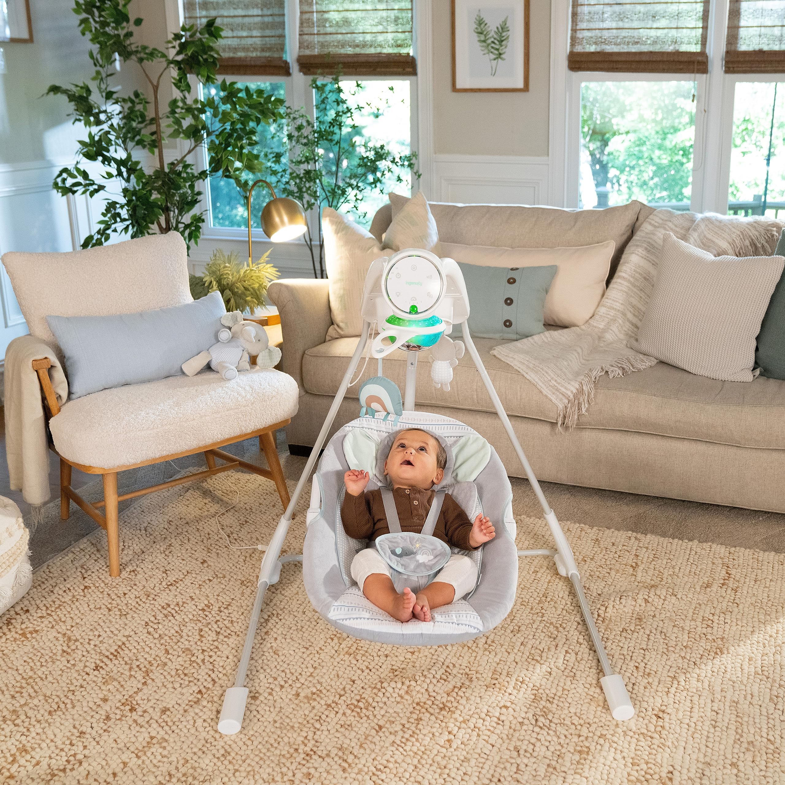 Ingenuity InLighten 5-Speed Baby Swing - Swivel Infant Seat, 5 Point Safety Harness, Nature Sounds, Lights - Van Elephant