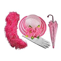 Girls Tea Party Hat Dress Up Hat with Pink Boa Parasol and White Gloves Light Pink