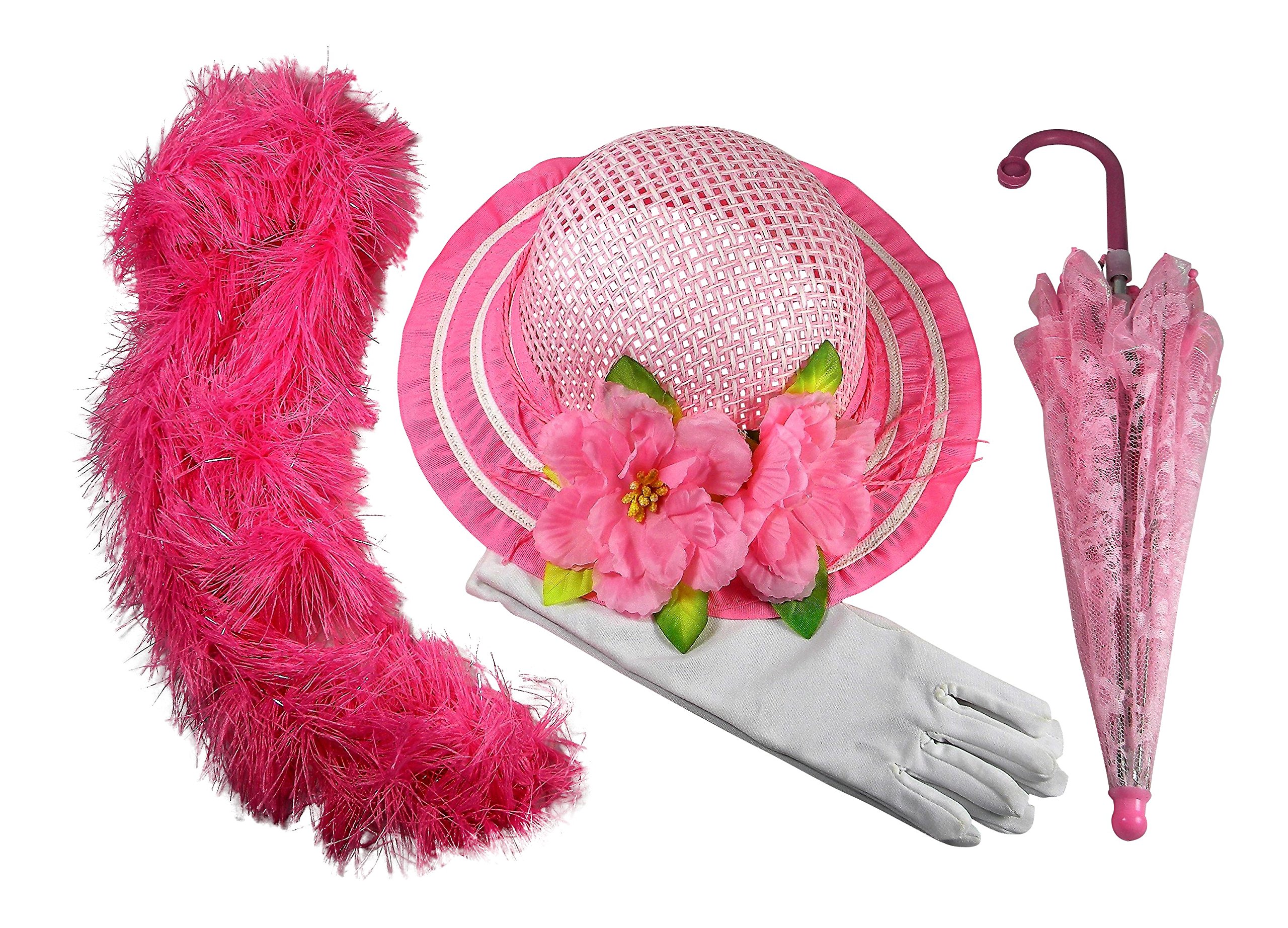 Butterfly Twinkles Girls Tea Party Hat Dress Up Hat with Pink Boa Parasol and White Gloves Light Pink