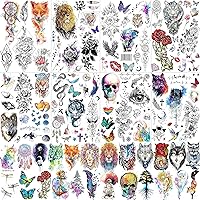 32 Sheets 96+ PCS Watercolor Animals Fox Tiger Lion Temporary Tattoos For Women Men Adult, Skeleton Fake Tattoos That Look Real And Last Long, Space Temp Rose Flower Tattoo Snake Wolf Kids