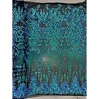 Angelica Iridescent Green Blue Mermaid Curlicues and Leaves Sequins on Mesh Lace Fabric by The Yard - 10132