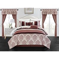 Chic Home Vivaldi 20 Piece Comforter Set Medallion Quilted Embroidered Design Complete Bag Bedding – Sheets Decorative Pillows Shams Window Treatments Curtains Included, King, Brick