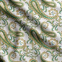 Soimoi Asian Paisley Printed, Japan Crepe Satin Fabric, by The Yard 54 Inch Wide, Decorative Sewing Fabric for Dresses Kimonos Gowns, White & Yellow