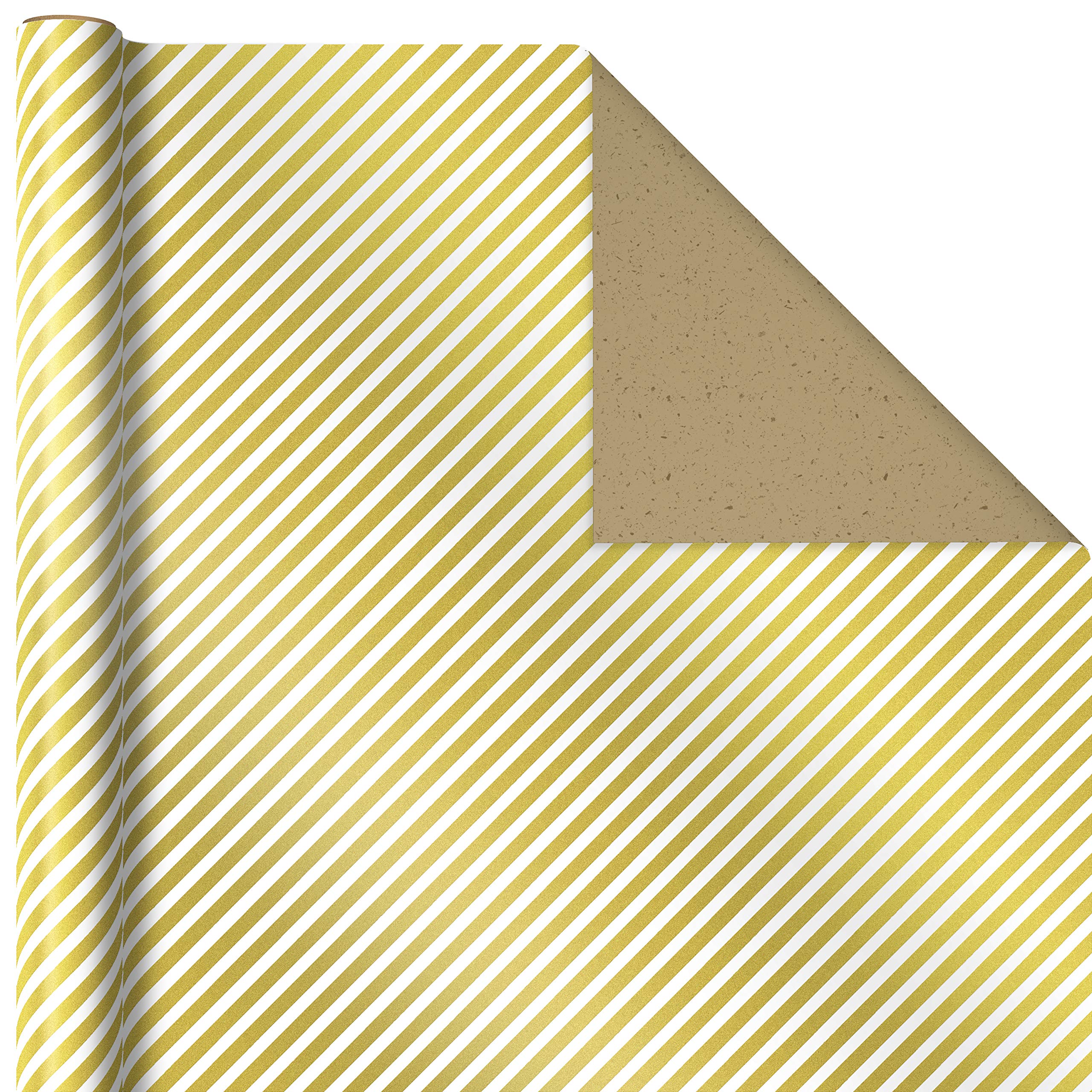 Hallmark All Occasion Reversible Wrapping Paper - Gold & Kraft Stripes, Triangles, Chevron, Polka Dots (3 Rolls: 75 sq. ft. ttl) for Birthdays, Christmas, Hanukkah, Crafts