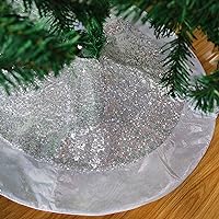 Houwsbaby Luxury Scale Silver Sequin Christmas Tree Skirt with Glitter Satin Border Sparkle Paillette Decor Double Layers Xmas Mat Ornament Holiday Party Supply Tie Closure, 32'' (02)