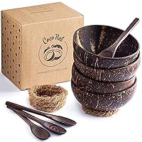 Coconut Bowl Set with Spoons and Anti-Wobble Husk Rings | 100% Natural - Eco Friendly - Non Toxic & Reusable | Handmade Decorative Bowl Set Gift (4, Polished)