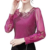 Women's Mesh Tops Lantern Sleeve Hollow Out Lace Embroidery Floral Stretchy Chiffon Blouses Work Shirts