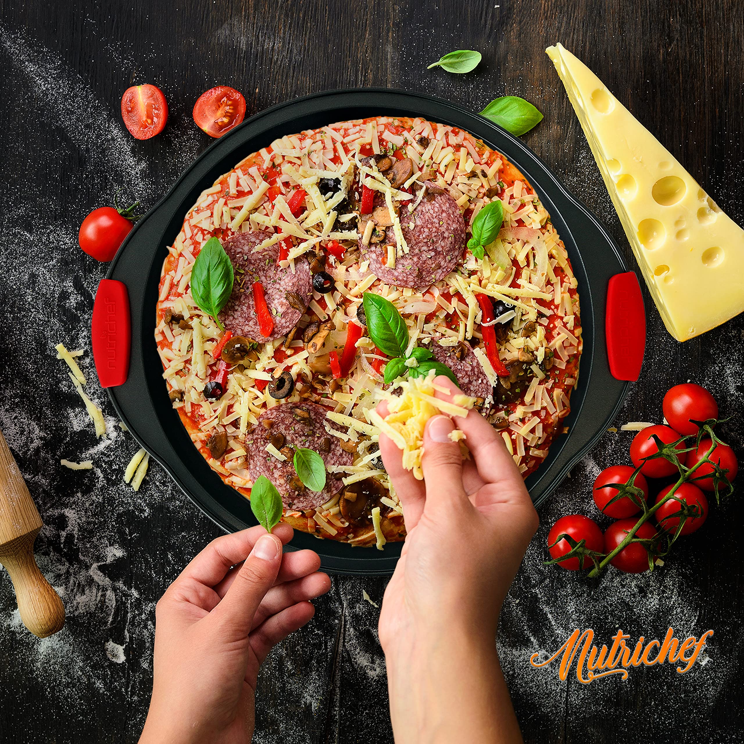 NutriChef Non-Stick Pizza Tray - with Silicone Handle, Round Steel Non-stick Pan with Perforated Holes, Premium Bakeware, Pizza Tray with Silicone and Oversized Handle, Dishwasher Safe - NCBPIZ6