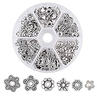 Pandahall 1Box/180pcs Tibetan 6 Styles Alloy Flower Petal Bead Caps Multi-Petal Cones Beads Spacers Stamped for Jewelry Makings 6.5-10.5mm in Diameter Antique Silver