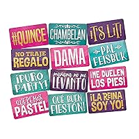 Fully Assembled Quinceanera Teal Sweet Multicolor Photo Booth Props Kit Spanish Water Proof Perfect 15th Birthday Parties Decorations,Mis Quince Anos, Double Sided 6 Count.