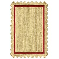 Collection Scalloped Rectangular Rug - 2x3 Red & Beige Scallop Edge Braided Jute Rug Geometric Kilim Rug Indoor Outdoor Use Carpet Flatweave Rugs for Bedroom Dining Room Living Room