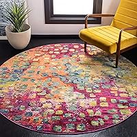 SAFAVIEH Madison Collection 5' Round Fuchsia / Gold MAD425D Boho Abstract Distressed Non-Shedding Dining Room Entryway Foyer Living Room Bedroom Area Rug