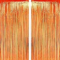 Orange Party Tinsel Foil Fringe Curtains - Fall Thanksgiving Carnival Halloween Construction 1st Birthday Graduation Wedding Party Photo Booth Props Backdrops Decorations