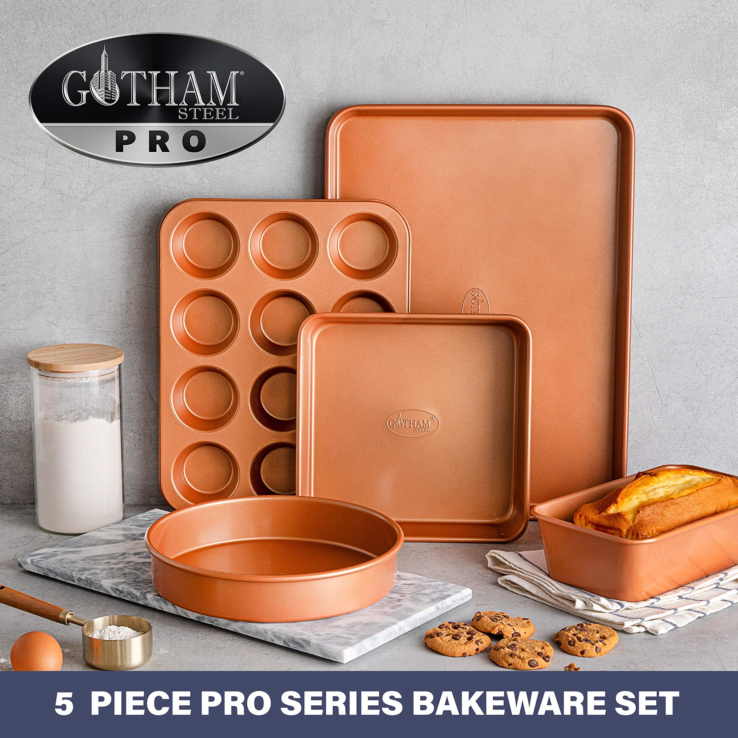 Gotham Steel Non Stick Ceramic Bakeware Set, 5 Piece No Warp & Dishwasher Safe Baking Set, Baking Pans Set with Round & Square Baking Pan, Muffin Pan, Loaf Pan & Baking Sheet for oven, 100% PFOA Free