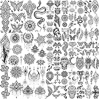 58 Sheets Black Lace Temporary Tattoos For Women Girls, Large Lotus Mandala Flower Snake Elephant Butterfly Fake Adults Kit, Indian Tribal Skull Arm Sleeve Neck Tatoos Wedding