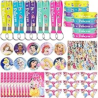 Princess Party Favors, Princess Birthday Party Supplies Kit Includes 10 Bracelets, 10 Keychain, 10 Button Pins, 10 Bags, 10 Masks, 50 Stickers for Princess Party Decoration