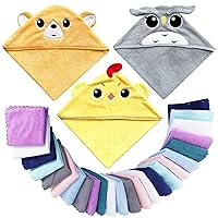 3 Pack Baby Hooded Bath Towel with 24 Count Washcloth Sets for Newborns Infants & Toddlers, Boys & Girls - Baby Registry Search Essentials Item - Chicken, Bear, Eagle