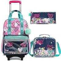 Rolling Backpack for Girls Backpack for Girls with Wheels Rolling Backpack for Girls with Lunch Box and Pencil Bag Girls Trip Luggage