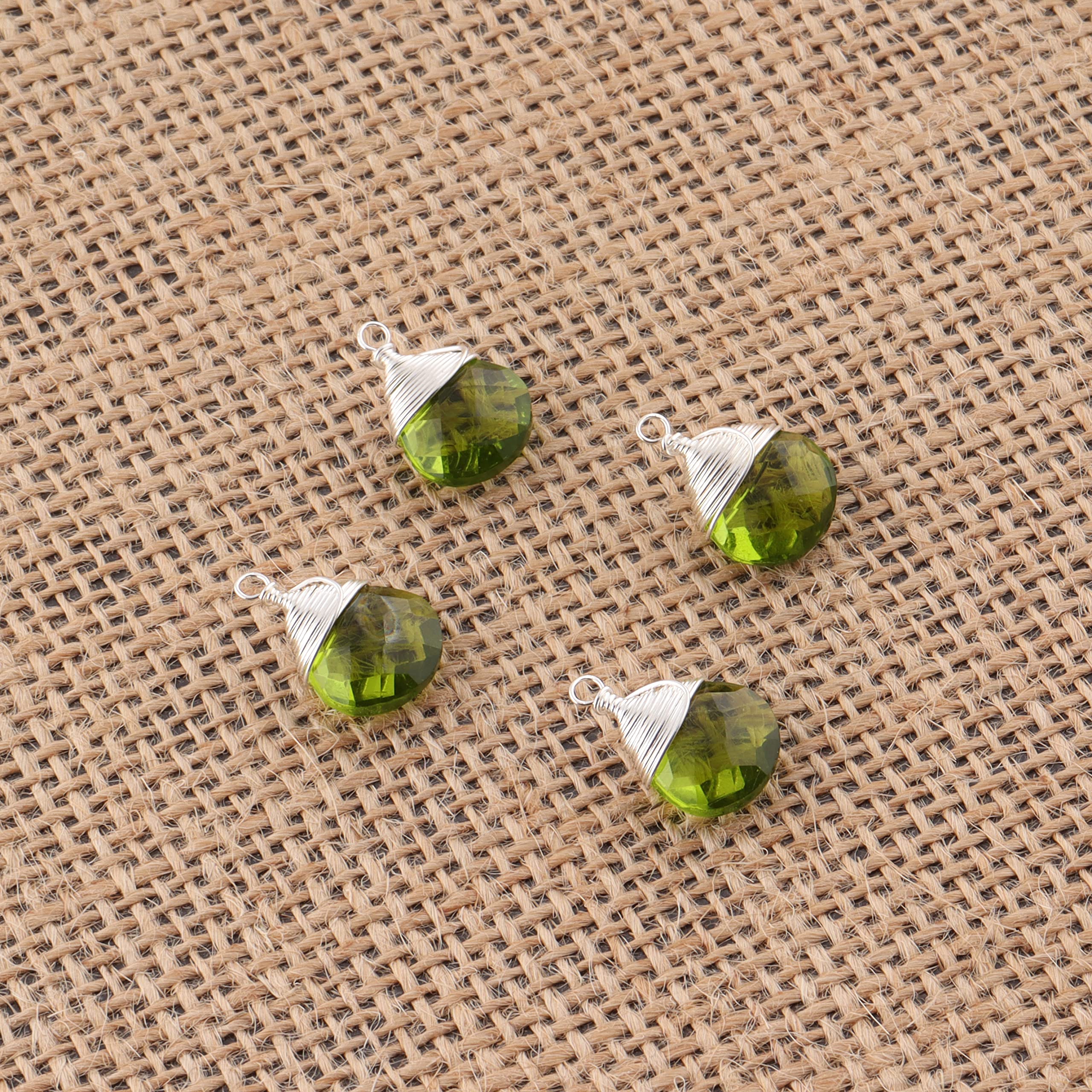 Peridot Heart Shape Briolette Drilled Charms Wire Wrapped Gemstone Connector 10mm Teardrop Charm Gemstone Charms for Bracelet & Necklace