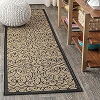 JONATHAN Y SMB107A-28 Madrid Vintage Filigree Textured Weave Indoor Outdoor Area Rug, Classic, Traditional, Transitional Easy Cleaning,Bedroom,Kitchen,Backyard,Patio,Non Shedding, Black/Khaki, 2 X 8