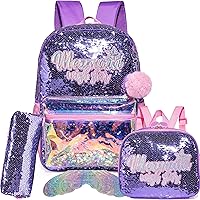 Meetbelify Backpack for Girls Cute Mermaid School Backpacks 4 in 1 Kids Sequin Bookbag for Elementary Kindergarten Students with Lunch Box Pencil Case for Girls 5-12 Years Old