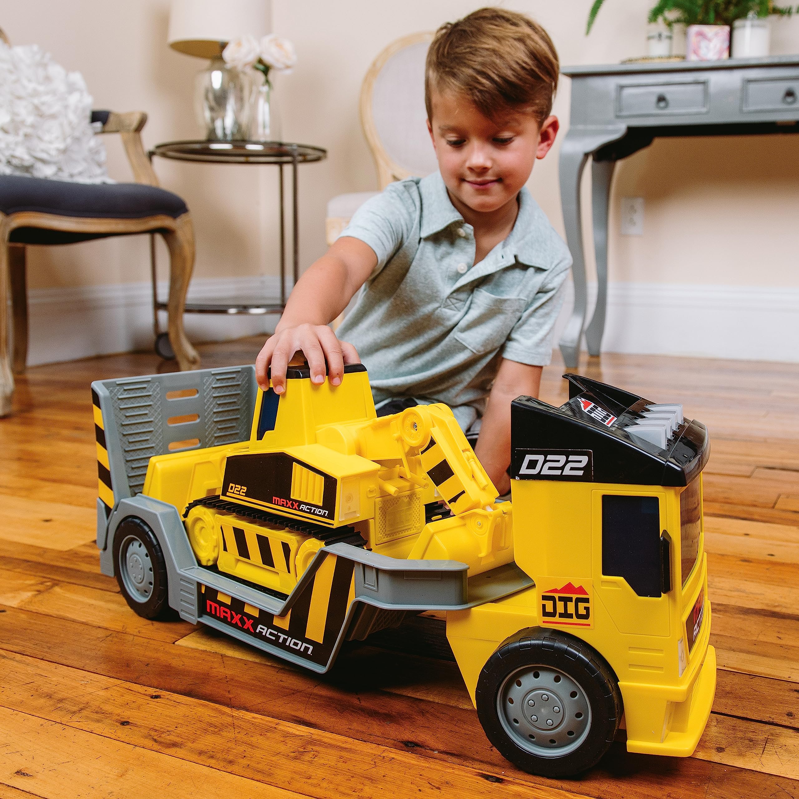 Sunny Days Entertainment Maxx Action 2-N-1 Mega Mover – Construction Truck and Trailer with Lights, Sounds and Motorized Drive