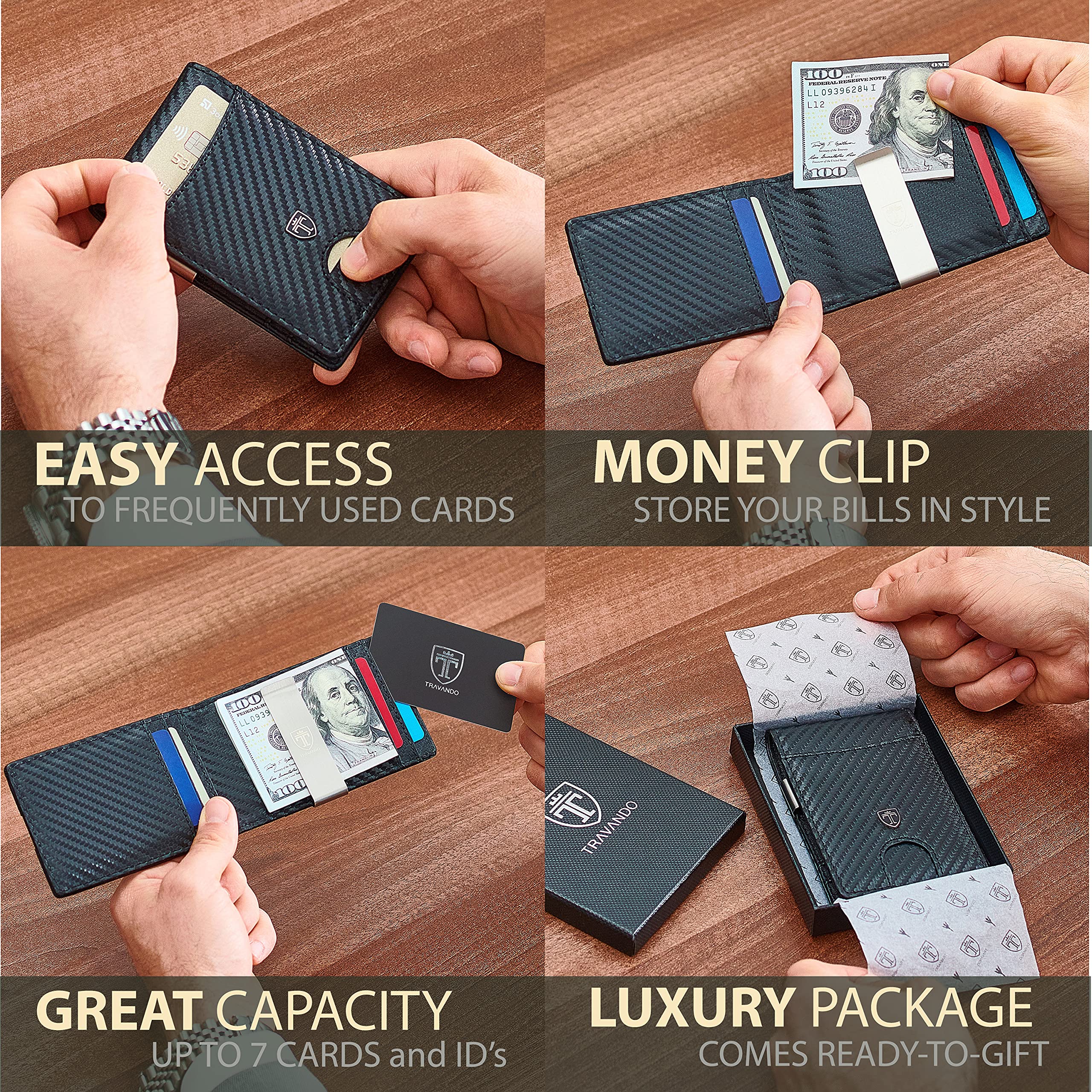 TRAVANDO Money Clip Wallet Atlanta Mens Front Pocket Slim RFID Blocking - Credit Card Holder - Mini Bifold (Carbon Leather, Carbon)
