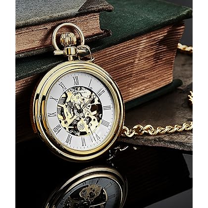 Stuhrling Original Men's Pocket Watch Stainless Steel Analog Skeleton Watch Hand Wind Mechanical Movement Stainless Steel Chain