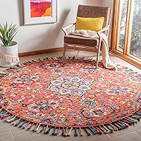 SAFAVIEH Aspen Collection Area Rug - 5' Round, Red & Gold, Handmade Boho Floral Braided Tassel Wool, Ideal for High Traffic Areas in Living Room, Bedroom (APN118Q)