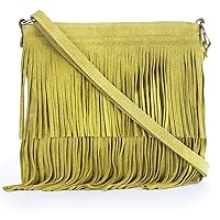 LiaTalia Womens Fringe Handbag - Real Italian Suede Leather - Tassle Effect Shoulder Bag - (Large Size) - ASHLEY