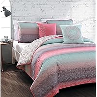 Avondale Manor 5-Piece Cypress Quilt Set, King Quilt Comforter Set, Lightweight Ultra-Soft Microfiber, Reversible Comfortable Bedding Set, Hypoallergenic Bedspread, King, Coral/Blue